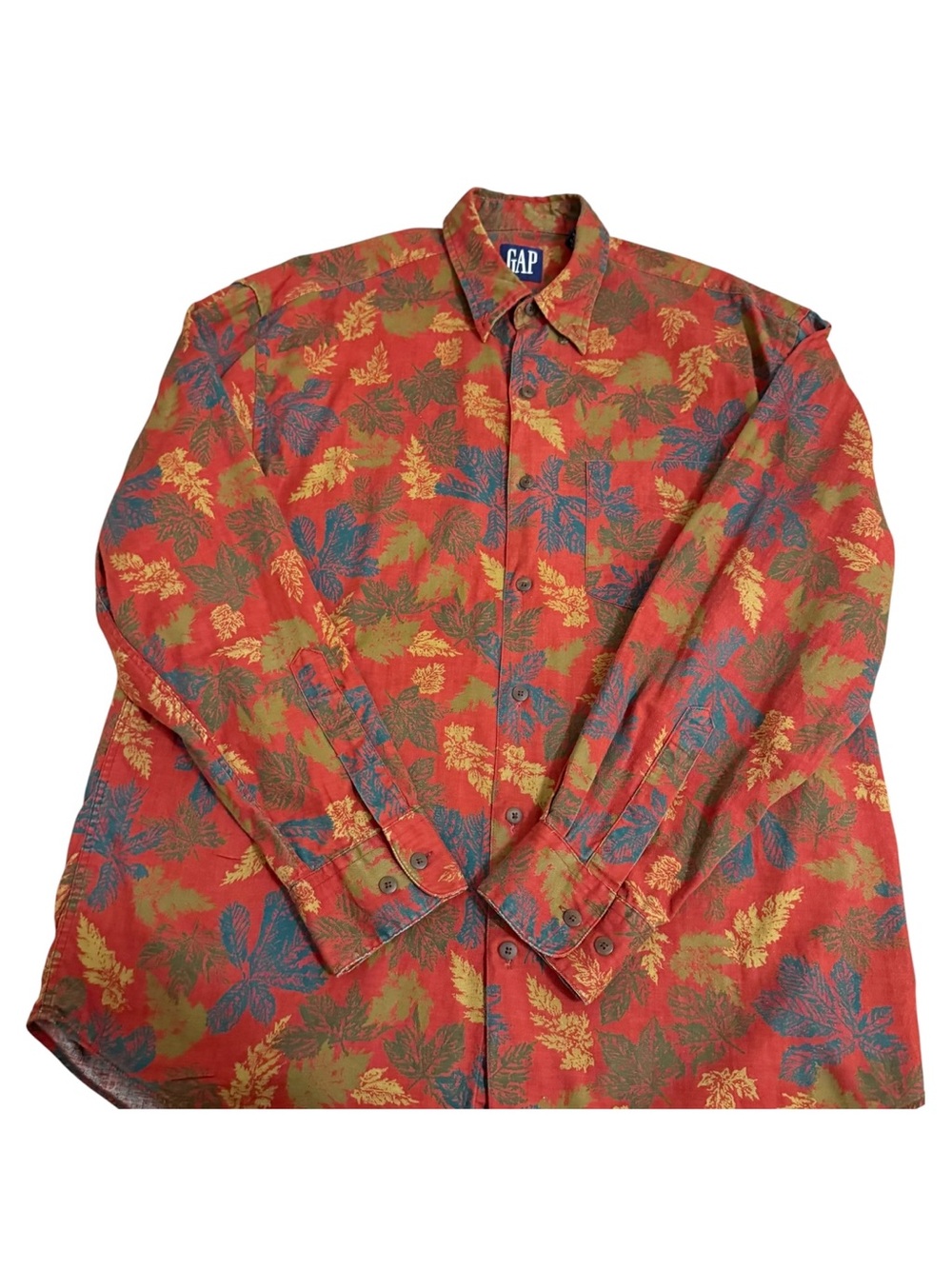 Vintage Gap Fall Leaves Print Button Down Shirt 90’s Mens Medium Long Sleeve Red - Picture 5 of 16